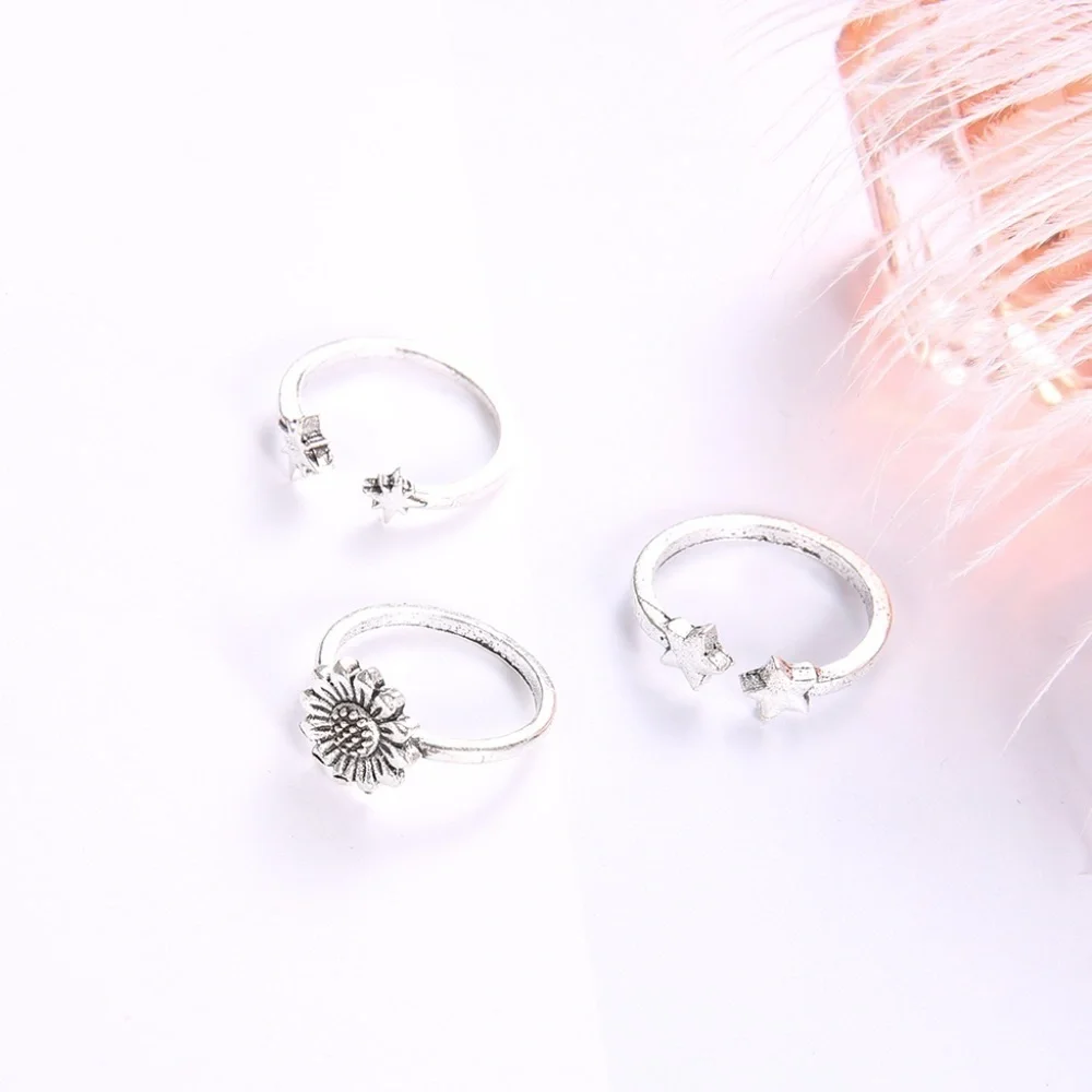 *ALIZ* 3-Pc Silver Star x Flower Fashion Ring Set